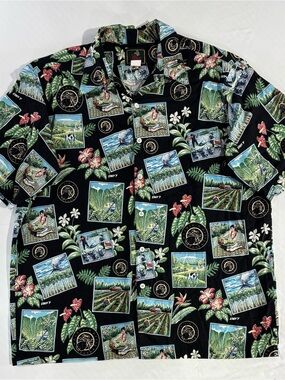 Palms Activewear Black Hawaiian Short-Sleeve Button-Down Shirt - Tropical Scenes